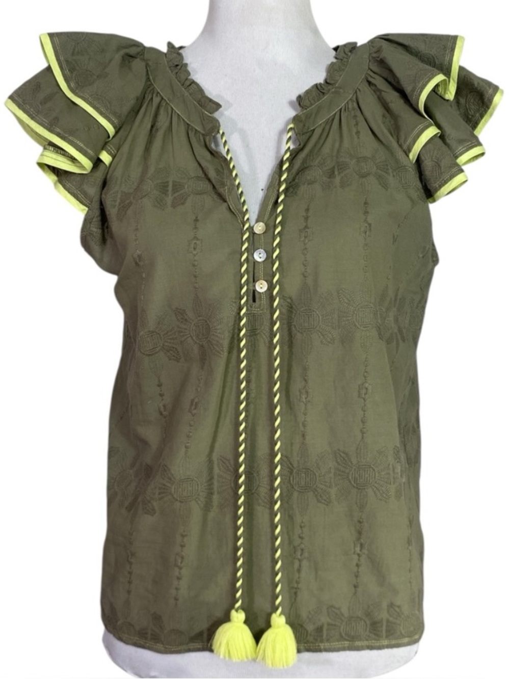 Omika Wilora Olive Floral Embroidered Tassel Tie Blouse $198 Size S